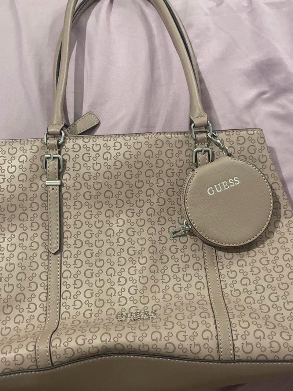 GUESS Beige Logo Tote with Round Coin Pouch